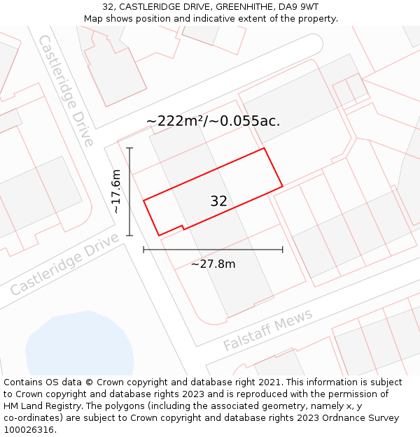 32, CASTLERIDGE DRIVE, GREENHITHE, DA9 9WT: Plot and title map