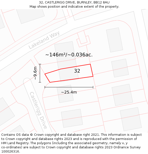 32, CASTLERIGG DRIVE, BURNLEY, BB12 8AU: Plot and title map