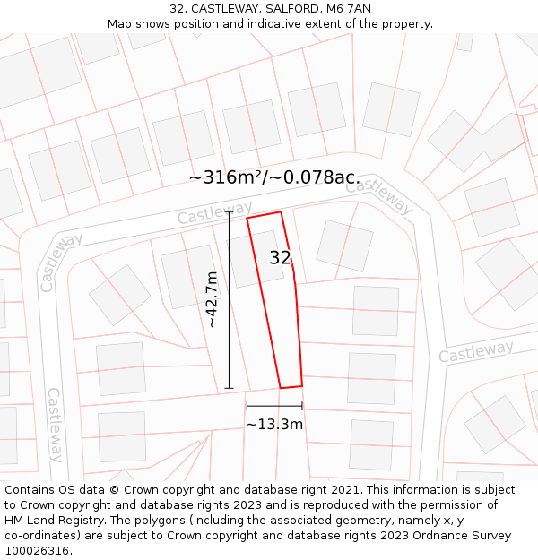 32, CASTLEWAY, SALFORD, M6 7AN: Plot and title map