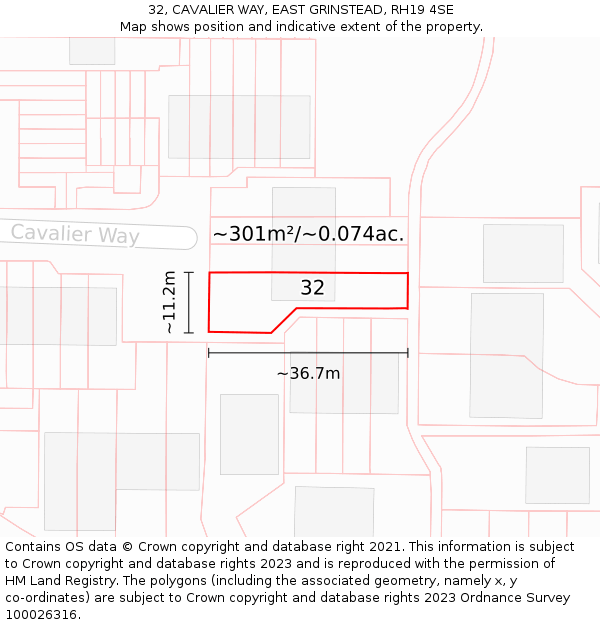 32, CAVALIER WAY, EAST GRINSTEAD, RH19 4SE: Plot and title map