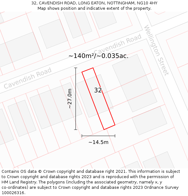 32, CAVENDISH ROAD, LONG EATON, NOTTINGHAM, NG10 4HY: Plot and title map