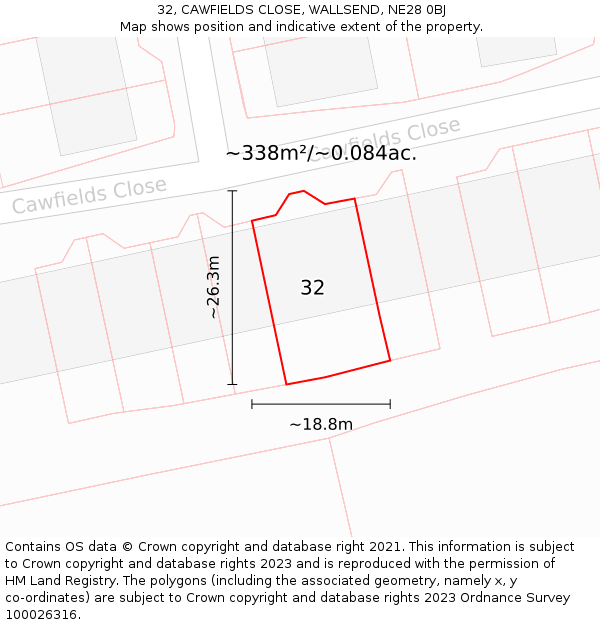 32, CAWFIELDS CLOSE, WALLSEND, NE28 0BJ: Plot and title map