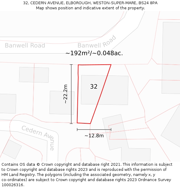 32, CEDERN AVENUE, ELBOROUGH, WESTON-SUPER-MARE, BS24 8PA: Plot and title map