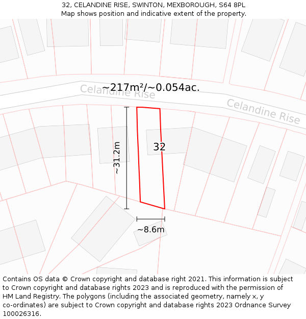 32, CELANDINE RISE, SWINTON, MEXBOROUGH, S64 8PL: Plot and title map