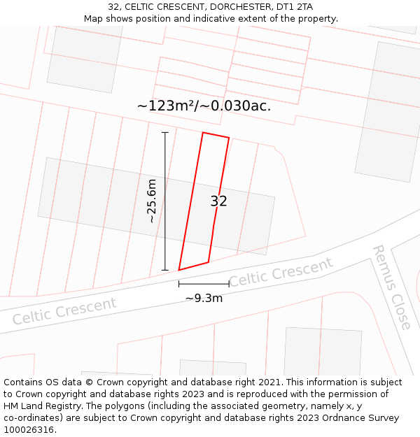 32, CELTIC CRESCENT, DORCHESTER, DT1 2TA: Plot and title map