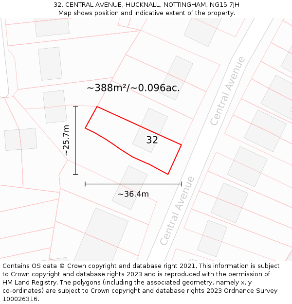 32, CENTRAL AVENUE, HUCKNALL, NOTTINGHAM, NG15 7JH: Plot and title map