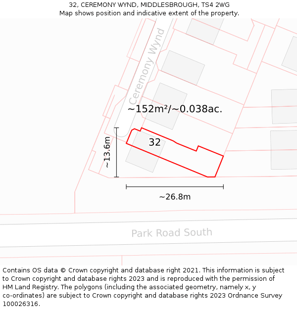 32, CEREMONY WYND, MIDDLESBROUGH, TS4 2WG: Plot and title map