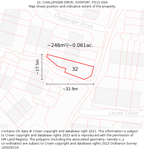 32, CHALLENGER DRIVE, GOSPORT, PO12 4GA: Plot and title map