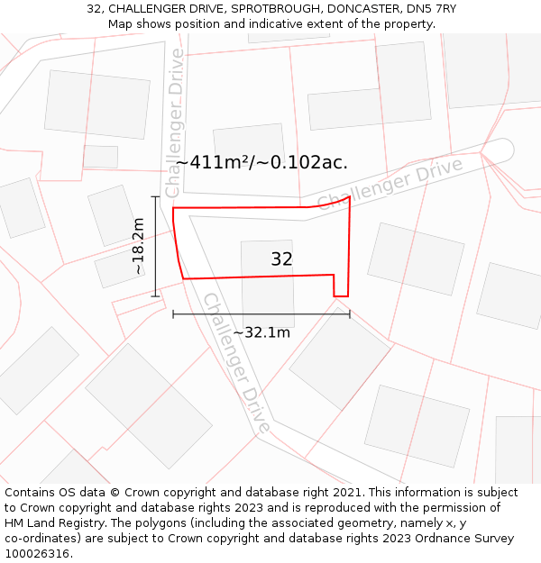 32, CHALLENGER DRIVE, SPROTBROUGH, DONCASTER, DN5 7RY: Plot and title map