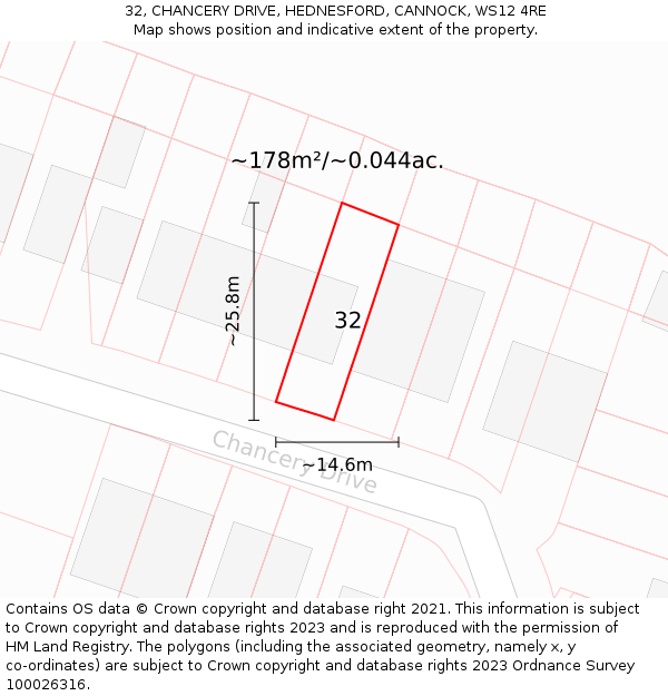 32, CHANCERY DRIVE, HEDNESFORD, CANNOCK, WS12 4RE: Plot and title map