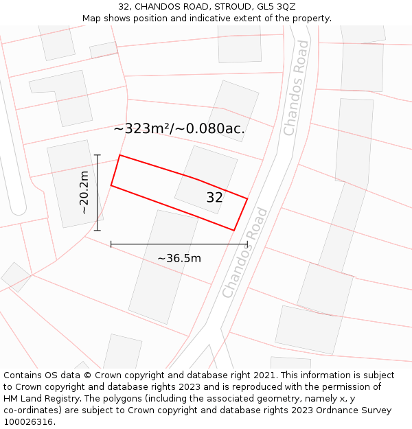 32, CHANDOS ROAD, STROUD, GL5 3QZ: Plot and title map