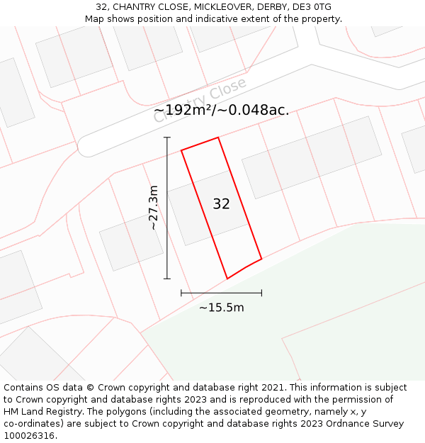 32, CHANTRY CLOSE, MICKLEOVER, DERBY, DE3 0TG: Plot and title map