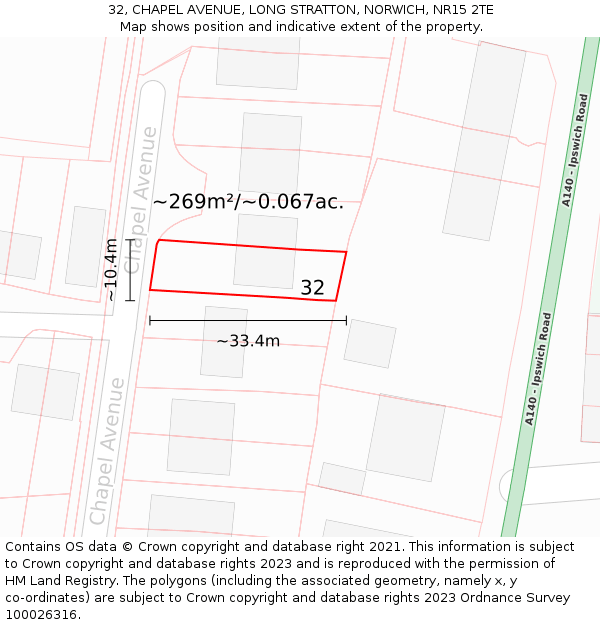 32, CHAPEL AVENUE, LONG STRATTON, NORWICH, NR15 2TE: Plot and title map