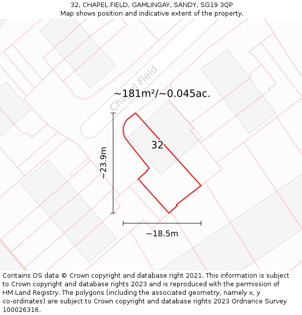 32, CHAPEL FIELD, GAMLINGAY, SANDY, SG19 3QP: Plot and title map