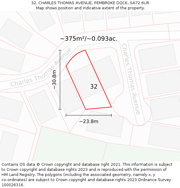 32, CHARLES THOMAS AVENUE, PEMBROKE DOCK, SA72 6UR: Plot and title map