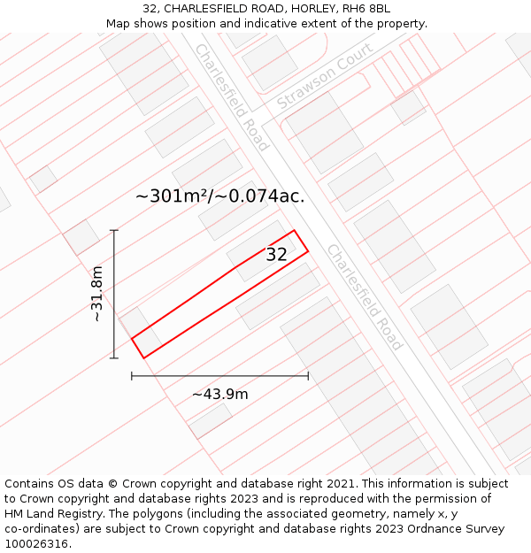 32, CHARLESFIELD ROAD, HORLEY, RH6 8BL: Plot and title map