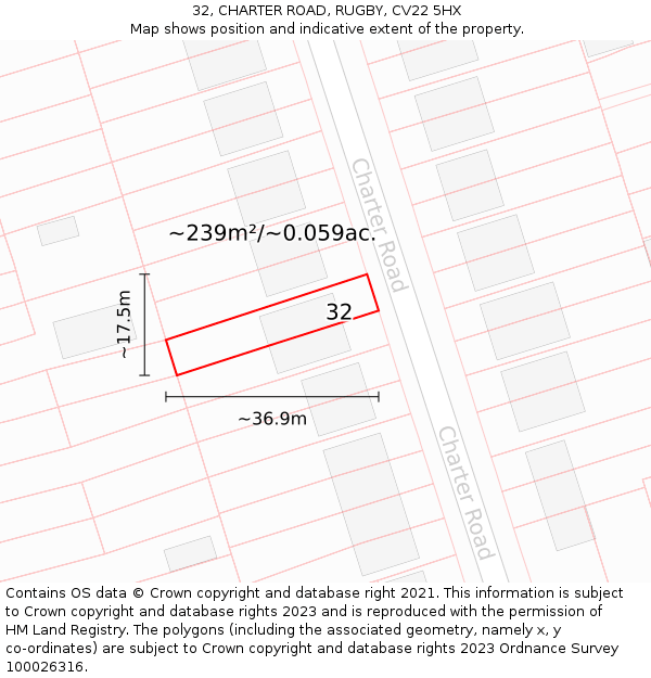 32, CHARTER ROAD, RUGBY, CV22 5HX: Plot and title map