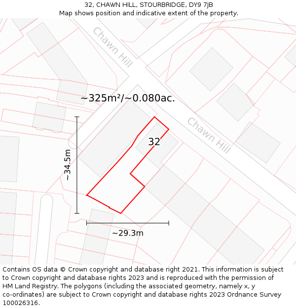 32, CHAWN HILL, STOURBRIDGE, DY9 7JB: Plot and title map