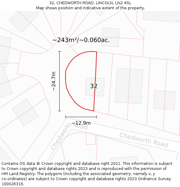 32, CHEDWORTH ROAD, LINCOLN, LN2 4SL: Plot and title map