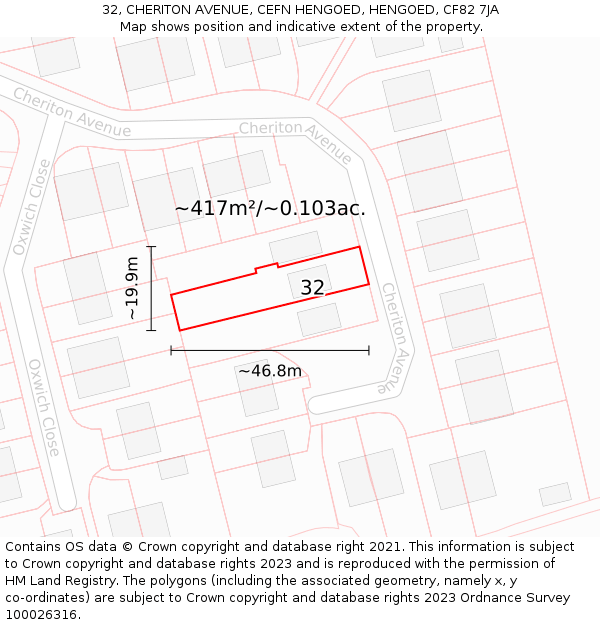32, CHERITON AVENUE, CEFN HENGOED, HENGOED, CF82 7JA: Plot and title map