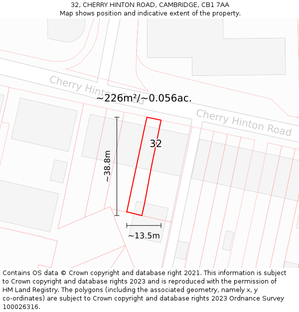 32, CHERRY HINTON ROAD, CAMBRIDGE, CB1 7AA: Plot and title map