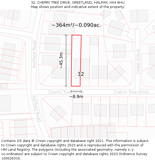 32, CHERRY TREE DRIVE, GREETLAND, HALIFAX, HX4 8HU: Plot and title map