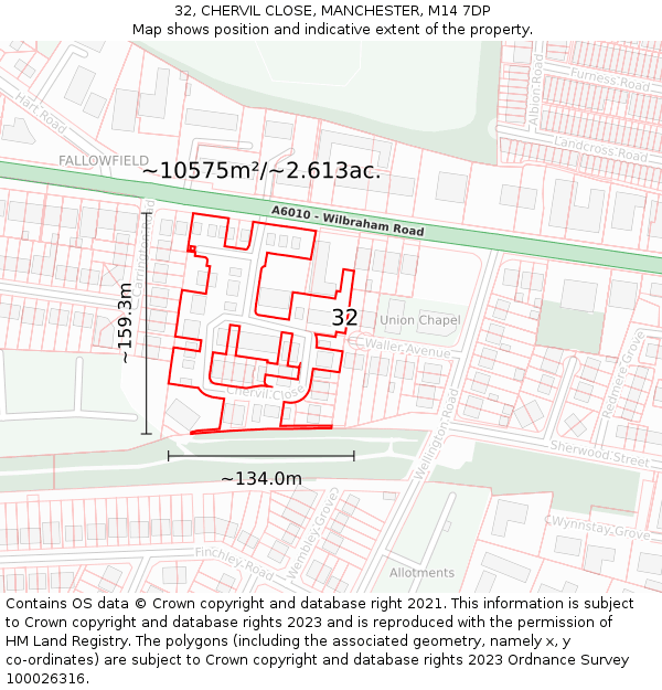 32, CHERVIL CLOSE, MANCHESTER, M14 7DP: Plot and title map