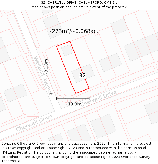 32, CHERWELL DRIVE, CHELMSFORD, CM1 2JL: Plot and title map