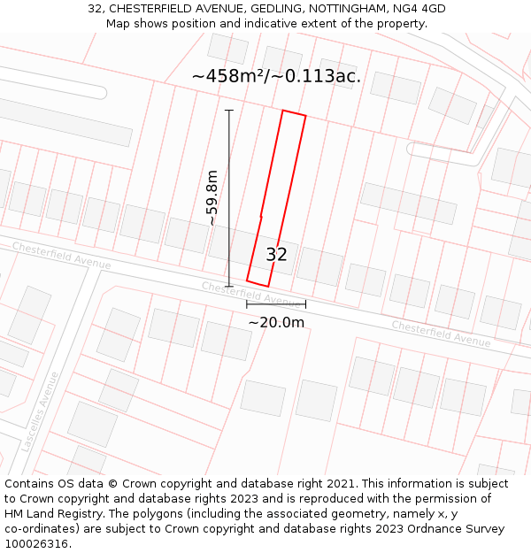 32, CHESTERFIELD AVENUE, GEDLING, NOTTINGHAM, NG4 4GD: Plot and title map