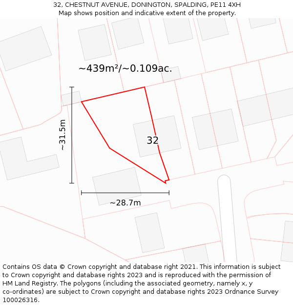 32, CHESTNUT AVENUE, DONINGTON, SPALDING, PE11 4XH: Plot and title map