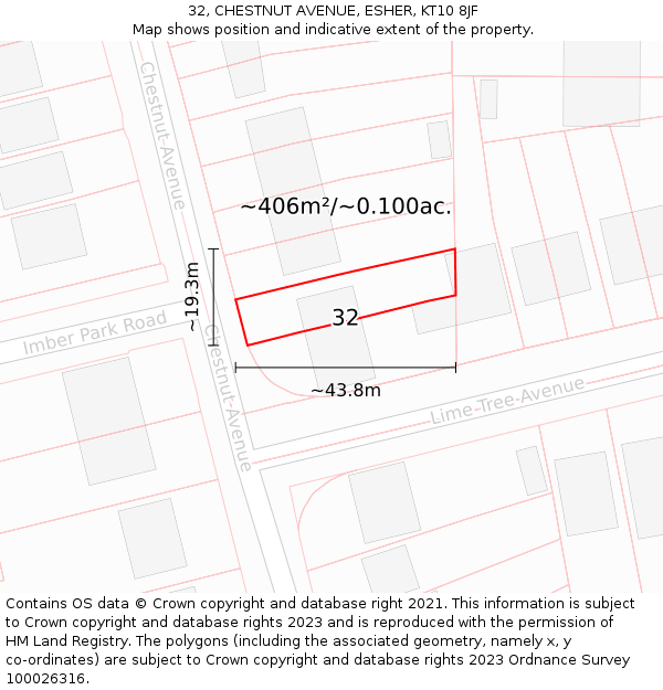 32, CHESTNUT AVENUE, ESHER, KT10 8JF: Plot and title map