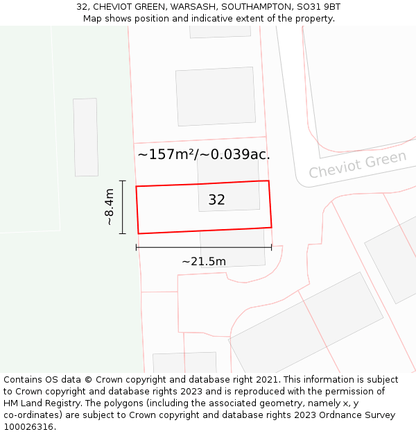 32, CHEVIOT GREEN, WARSASH, SOUTHAMPTON, SO31 9BT: Plot and title map