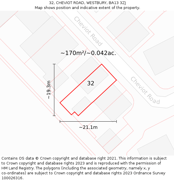 32, CHEVIOT ROAD, WESTBURY, BA13 3ZJ: Plot and title map