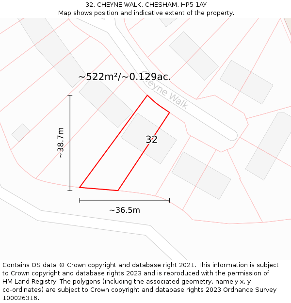 32, CHEYNE WALK, CHESHAM, HP5 1AY: Plot and title map