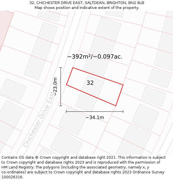 32, CHICHESTER DRIVE EAST, SALTDEAN, BRIGHTON, BN2 8LB: Plot and title map