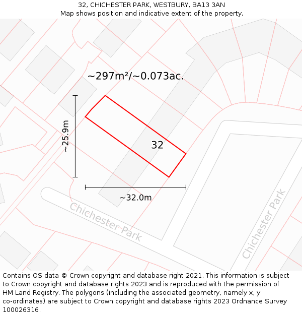 32, CHICHESTER PARK, WESTBURY, BA13 3AN: Plot and title map