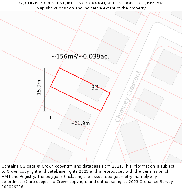 32, CHIMNEY CRESCENT, IRTHLINGBOROUGH, WELLINGBOROUGH, NN9 5WF: Plot and title map