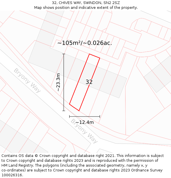 32, CHIVES WAY, SWINDON, SN2 2SZ: Plot and title map