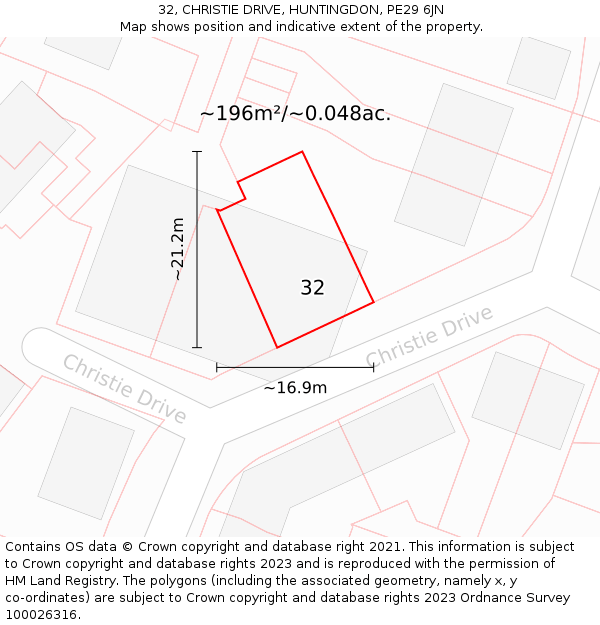 32, CHRISTIE DRIVE, HUNTINGDON, PE29 6JN: Plot and title map