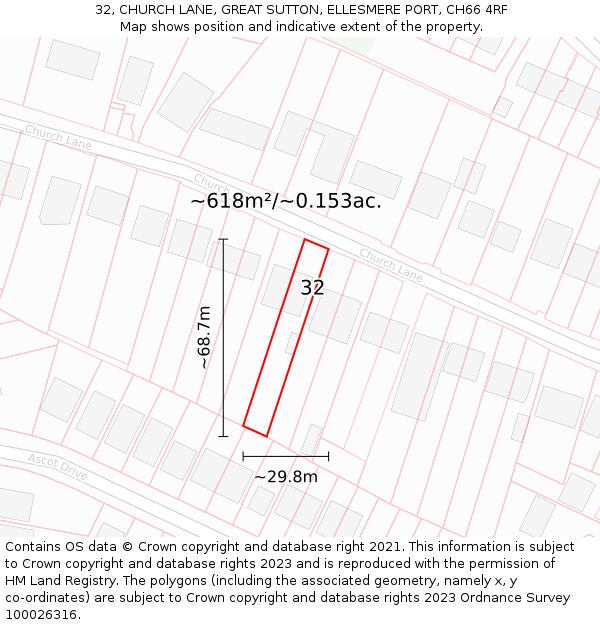 32, CHURCH LANE, GREAT SUTTON, ELLESMERE PORT, CH66 4RF: Plot and title map