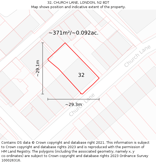 32, CHURCH LANE, LONDON, N2 8DT: Plot and title map