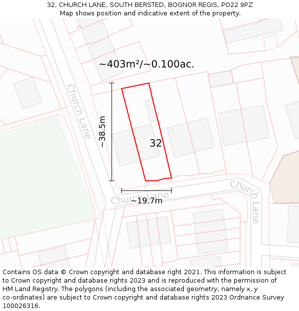 32, CHURCH LANE, SOUTH BERSTED, BOGNOR REGIS, PO22 9PZ: Plot and title map