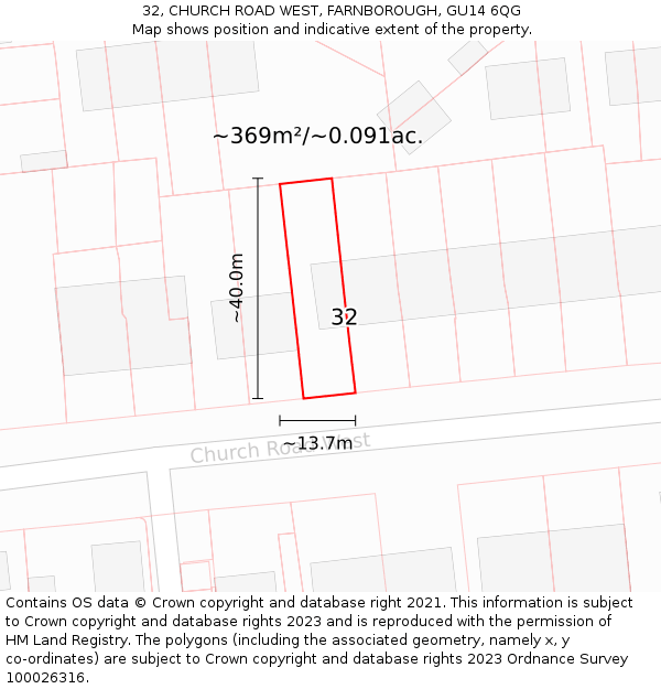 32, CHURCH ROAD WEST, FARNBOROUGH, GU14 6QG: Plot and title map