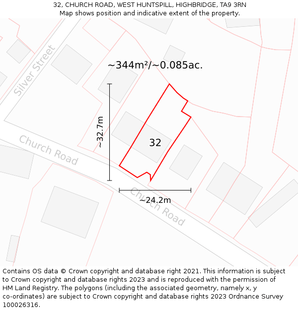 32, CHURCH ROAD, WEST HUNTSPILL, HIGHBRIDGE, TA9 3RN: Plot and title map