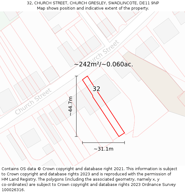 32, CHURCH STREET, CHURCH GRESLEY, SWADLINCOTE, DE11 9NP: Plot and title map
