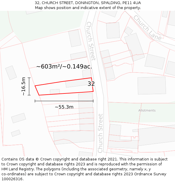 32, CHURCH STREET, DONINGTON, SPALDING, PE11 4UA: Plot and title map