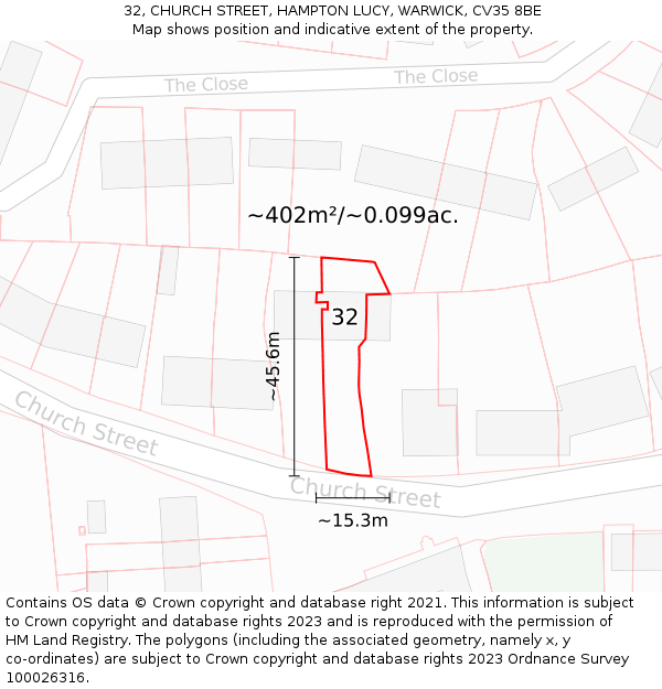 32, CHURCH STREET, HAMPTON LUCY, WARWICK, CV35 8BE: Plot and title map