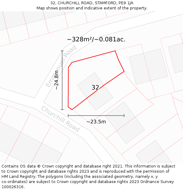 32, CHURCHILL ROAD, STAMFORD, PE9 1JA: Plot and title map