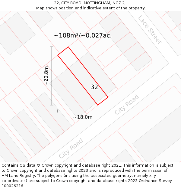 32, CITY ROAD, NOTTINGHAM, NG7 2JL: Plot and title map