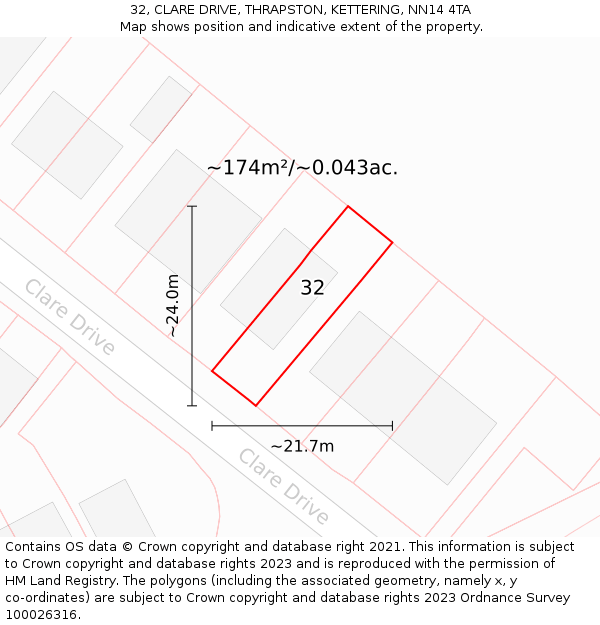 32, CLARE DRIVE, THRAPSTON, KETTERING, NN14 4TA: Plot and title map